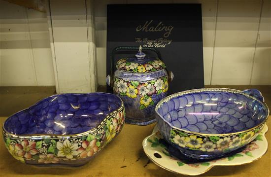 Maling blue scale lustre, bowls and a biscuit barrel